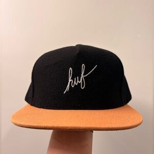 Vintage HUF Wool Strapback Cap Hat Black Tan | Leather Strap Brass Buckle Skate